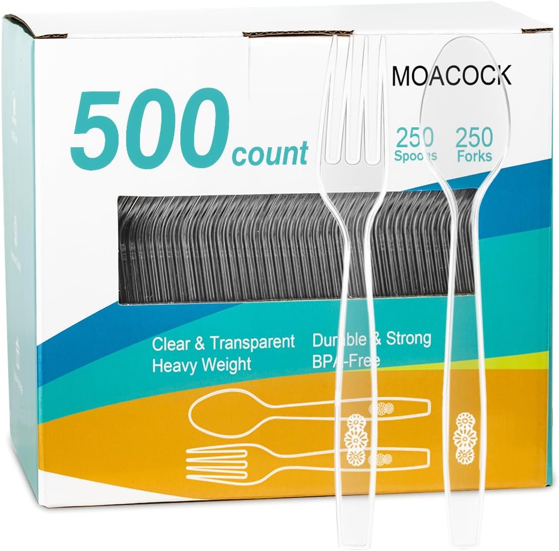 MOACOCK 100 Count Plastic Silverware, Heavy Weight Plastic Forks Spoons Disposable Utensils Cutlery Set for Wedding Party Supplies Everyday Use