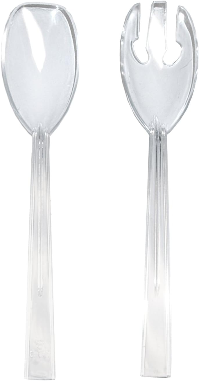 Party Essentials Hard Plastic 9-1/2" Two Piece Serving Utensil Set with Forks/Spoons, Clear, 6 Set-Count