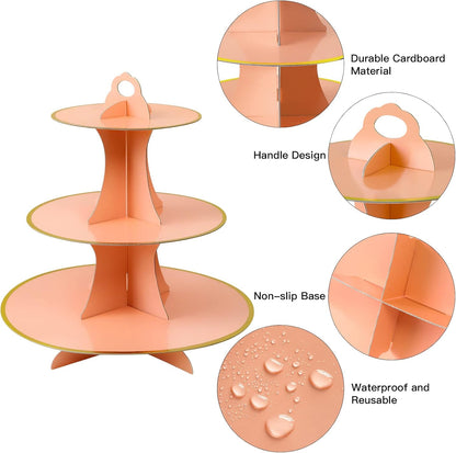 Soleebee 3-Tier Round Cupcake Stand, Cardboard Cupcake Tower, Dessert Cup Cake Stand Tower for Birthday Wedding Party Decoration, Cupcake Tier Stand 1 Set (Hot Pink)