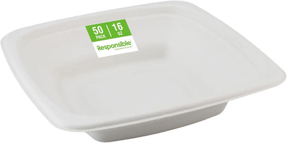 Responsible Products 100% Compostable Square Serving Bowls, 48 oz Disposable Paper Bowls, Microwave Safe, Freezer Safe, Soup Safe, No Plastic, Eco-Friendly, Tree-Free, No PFAS. White (50 Count)