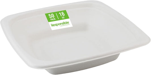 Responsible Products 100% Compostable Square Serving Bowls, 48 oz Disposable Paper Bowls, Microwave Safe, Freezer Safe, Soup Safe, No Plastic, Eco-Friendly, Tree-Free, No PFAS. White (50 Count)