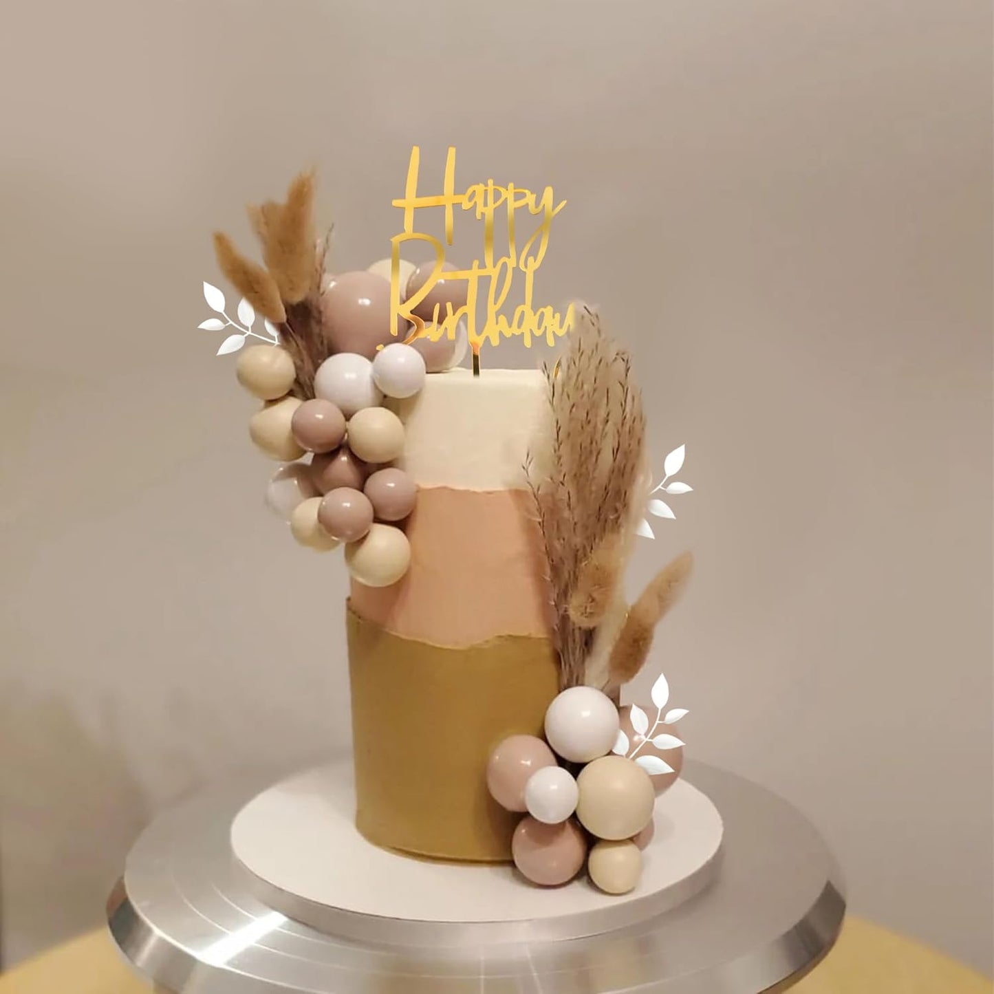 Khaki Balls Cake Topper Boho Grass Cake topper Khaki White Gold Pearl Balls Happy Birthday Cake Decorations for Wedding Birthday Boho Themed Supplies (Khaki)