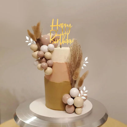 Khaki Balls Cake Topper Boho Grass Cake topper Khaki White Gold Pearl Balls Happy Birthday Cake Decorations for Wedding Birthday Boho Themed Supplies (Khaki)
