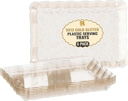 6 Pack Clear Plastic Serving Trays for Party, 9 x 13 Inch - Heavy Duty Plastic Trays for Food - Rectangular Party Serving Trays and Platters - Clear Disposable Trays