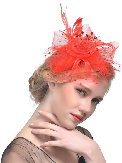 DRESHOW Fascinators Hat Flower Mesh Ribbons Feathers on a Headband and a Clip Tea Party Headwear for Girls and Women - Colors A