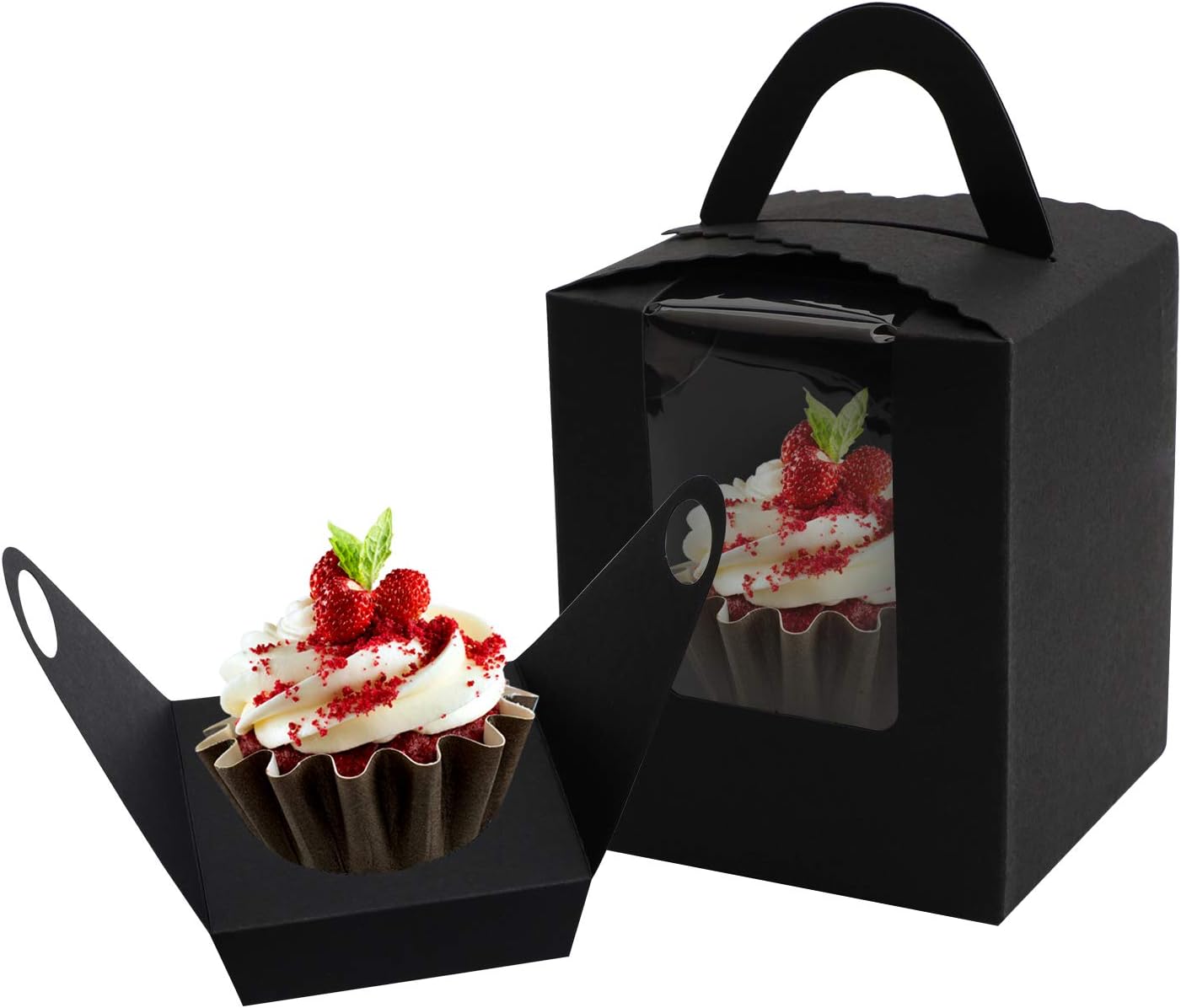 EUSOAR Gold Cupcake Boxes, 25pcs 3.6"x 3.6"x 4.3" Single Cupcake Carrier with Window Insert and Handle, Kraft Pastry Containers, Muffins Cupcake Carriers for Bakery Wrapping Party Favor Packing