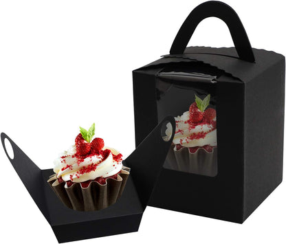 EUSOAR Gold Cupcake Boxes, 25pcs 3.6"x 3.6"x 4.3" Single Cupcake Carrier with Window Insert and Handle, Kraft Pastry Containers, Muffins Cupcake Carriers for Bakery Wrapping Party Favor Packing