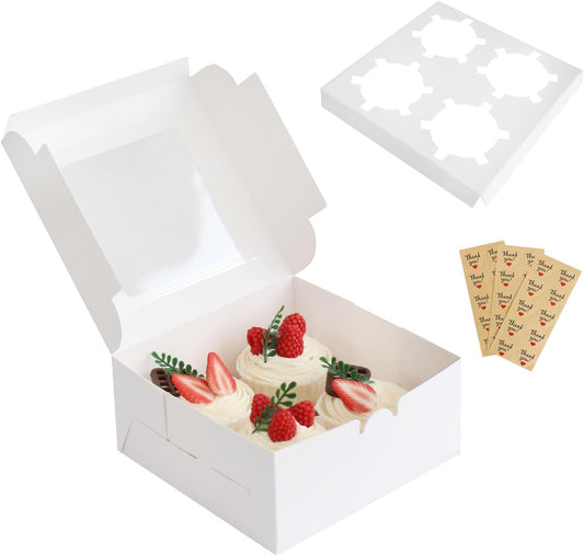 Cupcake Boxes 4 Count with Window, Bakery Boxes, Muffin Containers, Food Grade, Easy Assembly for Cookies, Candies, Mini Cakes and Baked Goods - 6.3x6.3x3, 30 Pack