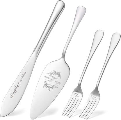 Wedding Cake Knife and Server Set of 4, Silver Cake Cutting Set for Wedding, Bridal Shower Engagement Anniversary Christmas Gifts (Silver)