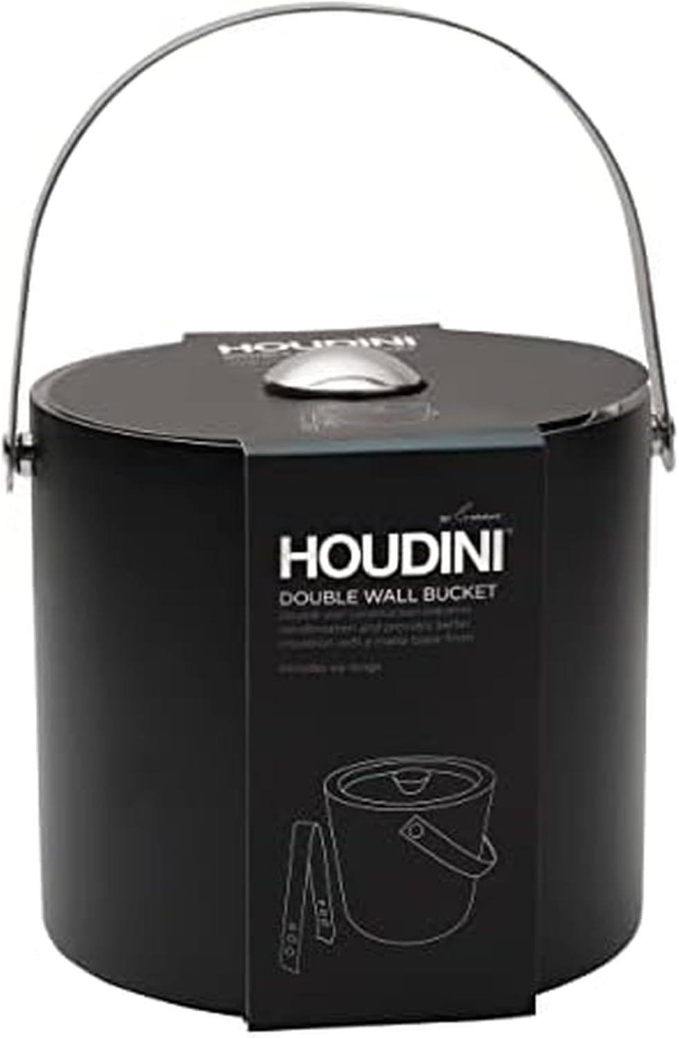 Houdini Matte Black Ice Bucket with Tongs - Double Wall Insulated, 3 Quart Stainless Steel Bar Accessory with 6.5 Inch Tongs for Home Bar, Entertaining