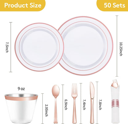 Goodluck 350 Piece Silver Plastic Dinnerware Set for 50 Guests, Fancy Disposable Plates for Party, Include: 50 Dinner Plates, 50 Dessert Plates, 50 Pre Rolled Napkins with Silver Silverware, 50 Cups
