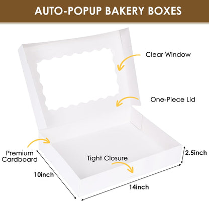 Moretoes 40pcs Cookie Boxes, 14x10x2.5 Inch Auto-Popup Bakery Boxes with Window, for Donuts, Pies, Cakes, Muffins, and Pastries