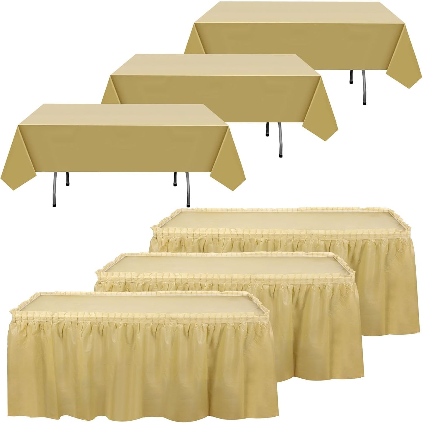 Oudain 6 Pcs Plastic Table Skirts and Stainproof Table Cloths 54 x 108 in Plastic Ruffle Tablecloth 168 x 29 Inches Disposable for Wedding Baby Shower Valentine Spring Easter Party(White)