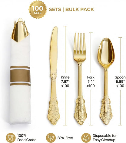 Liacere 100 Pack Silver Plastic Silverware-Pre Wrapped cutlery and Napkin-Pre Rolled Silverware Disposable 100 Forks, 100 Knives 100 Spoons, 100 Napkins Plastic Utensils＆Wedding