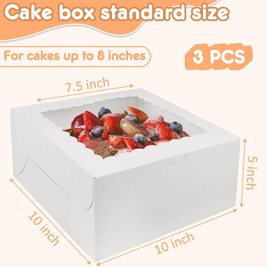 Rindion 3pcs 10x10x4.5 Inches Cake Boxs, Disposable Bakery Boxes with Window, White Square Bakery Boxes for Cakes, Donuts, Cookies, Chocolate, Pies, Wedding, Birthday, Party