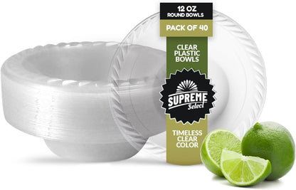 Clear Disposable Plastic Bowls [Pack of 40 | 12oz] Microwave Safe - Sturdy Rimmed Soup/Salad/Dessert/Ice Cream Bowls For Weddings, Parties, Kitchen Use