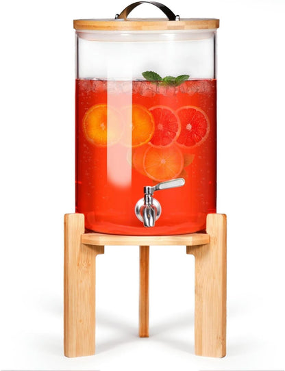 Glass Beverage Dispenser with Bamboo Stand 6.7 In and Lid, Iced 2.9 Gallon Drink Server with Spigot, Large Thick Glass Drink Dispenser for Parties, Hotels, Restaurants, Homes