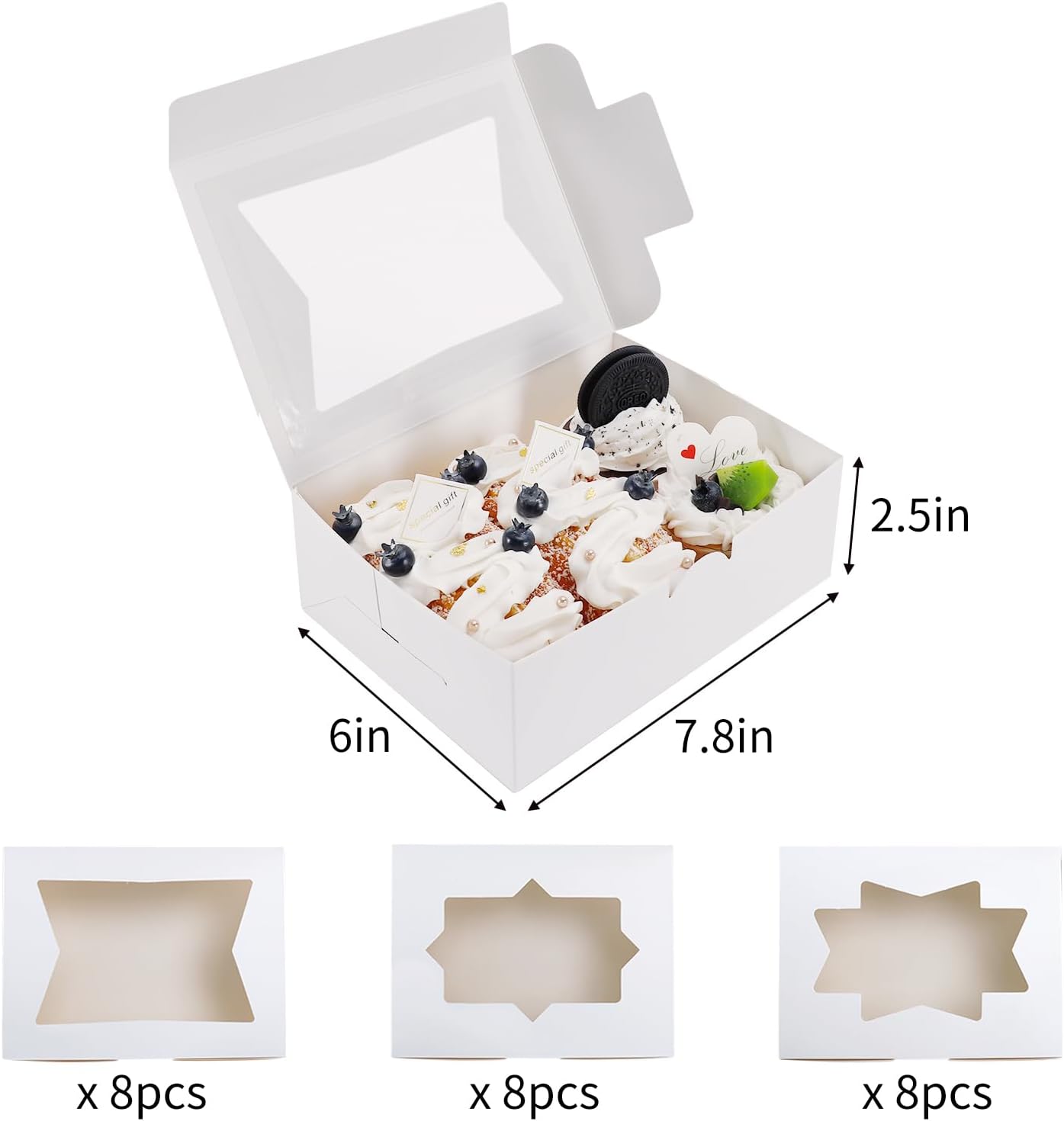 Moretoes 32pcs Cookie Boxes, 8x6x2.5 Bakery Boxes with Window 3 Styles, for Chocolate Strawberries, Dessert, Donuts, Cupcakes, Muffins