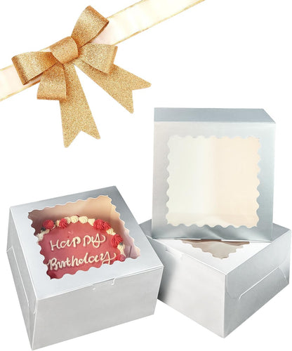 Bakepacker 36pcs 6x6x5 Inches with Window 18-Packs White 6 Inch Bakery Boxes (18 Cake Boxes +18 Cake Boards + 10 Meters Silk Ribbon Includes Included)