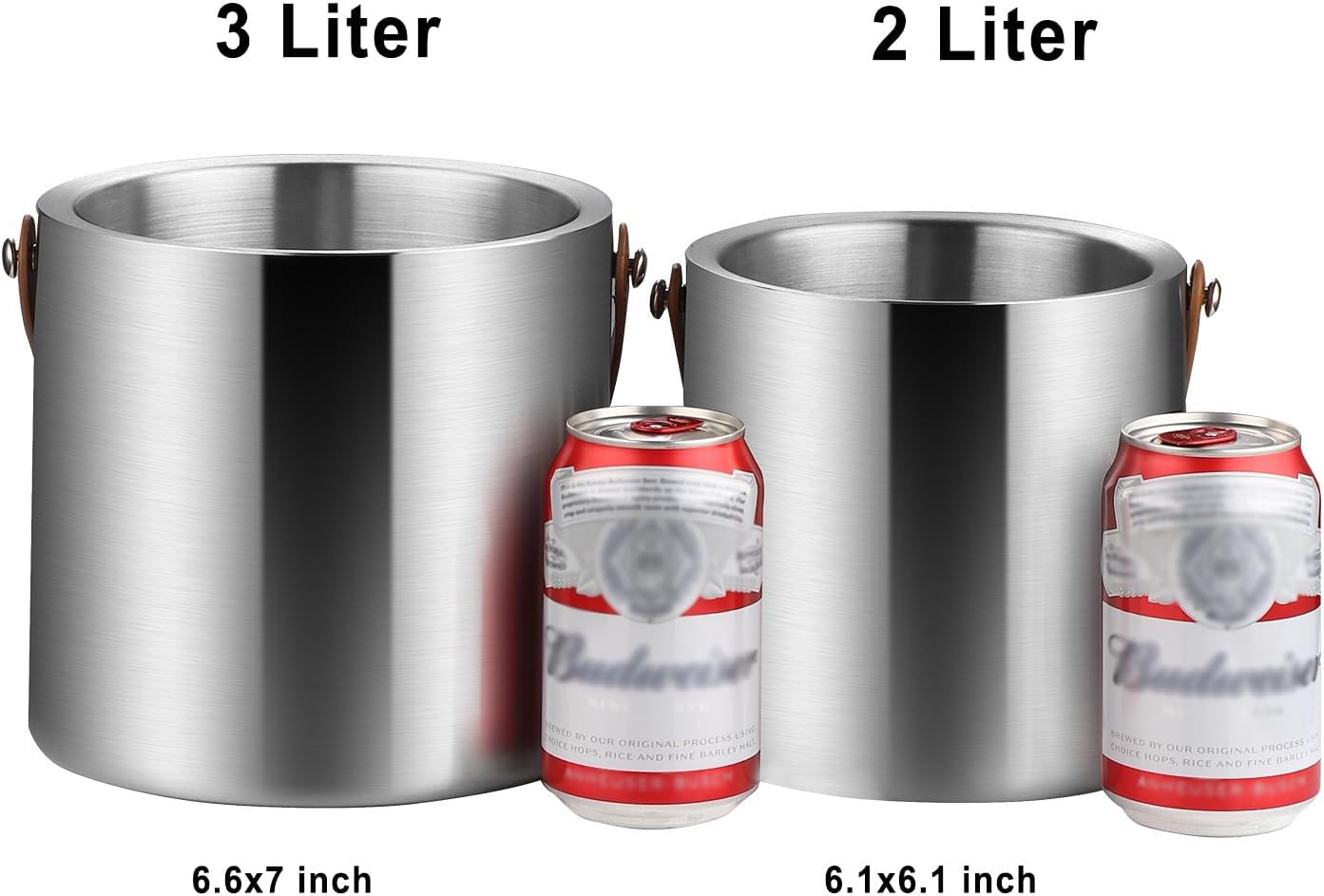 Bakpoco Double-Wall Vacuum Insulated Ice Bucket with Lid, Scoop, Ice Tong, Strainer & Leather Handle Keep Ice Frozen Longer Large Wine Ice Buckets for Cocktail Bar,Parties Chilling Beer Champagne 3L