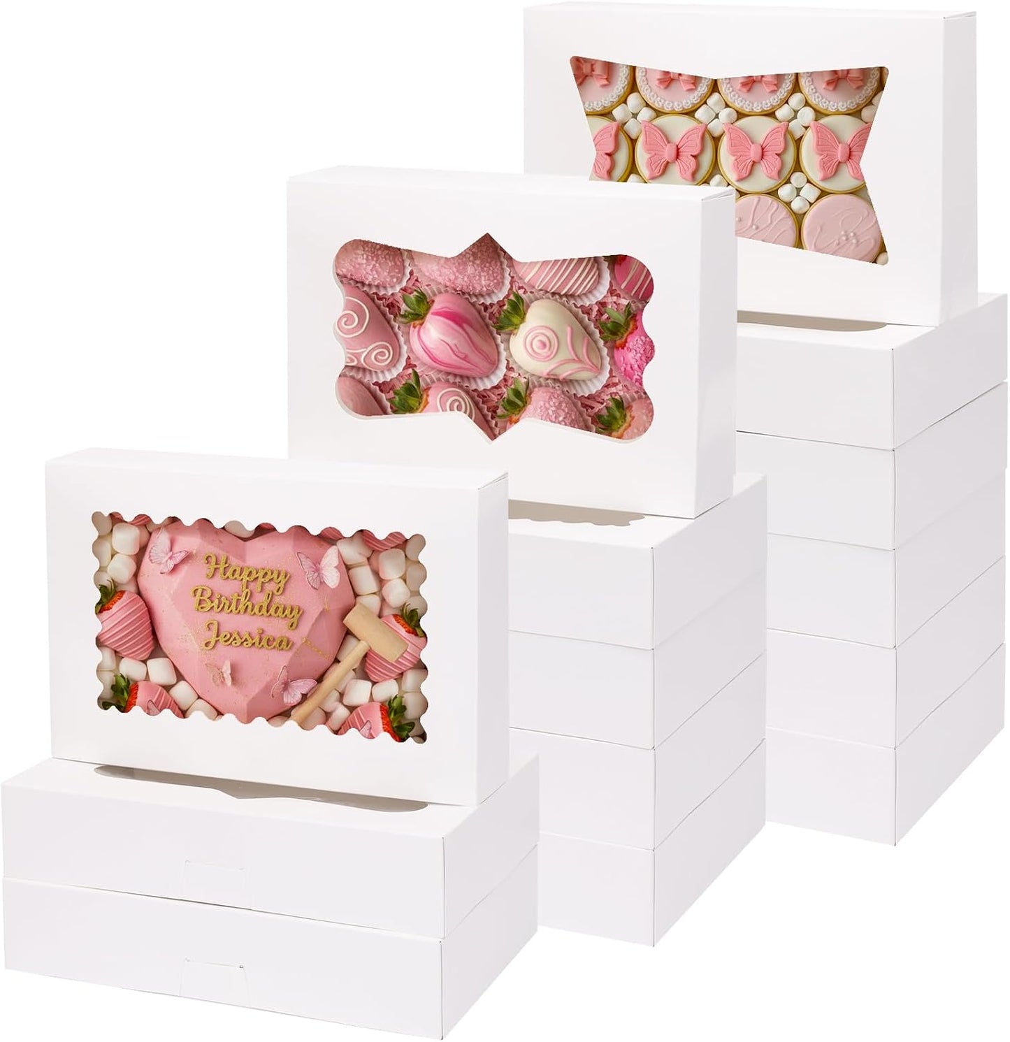 Moretoes 48pcs Bakery Boxes,12x8x2.5 Inches Cookie Boxes with 3 Style Window for Chocolate Covered Strawberries, Desserts, Cookies, with 4pcs Stickers