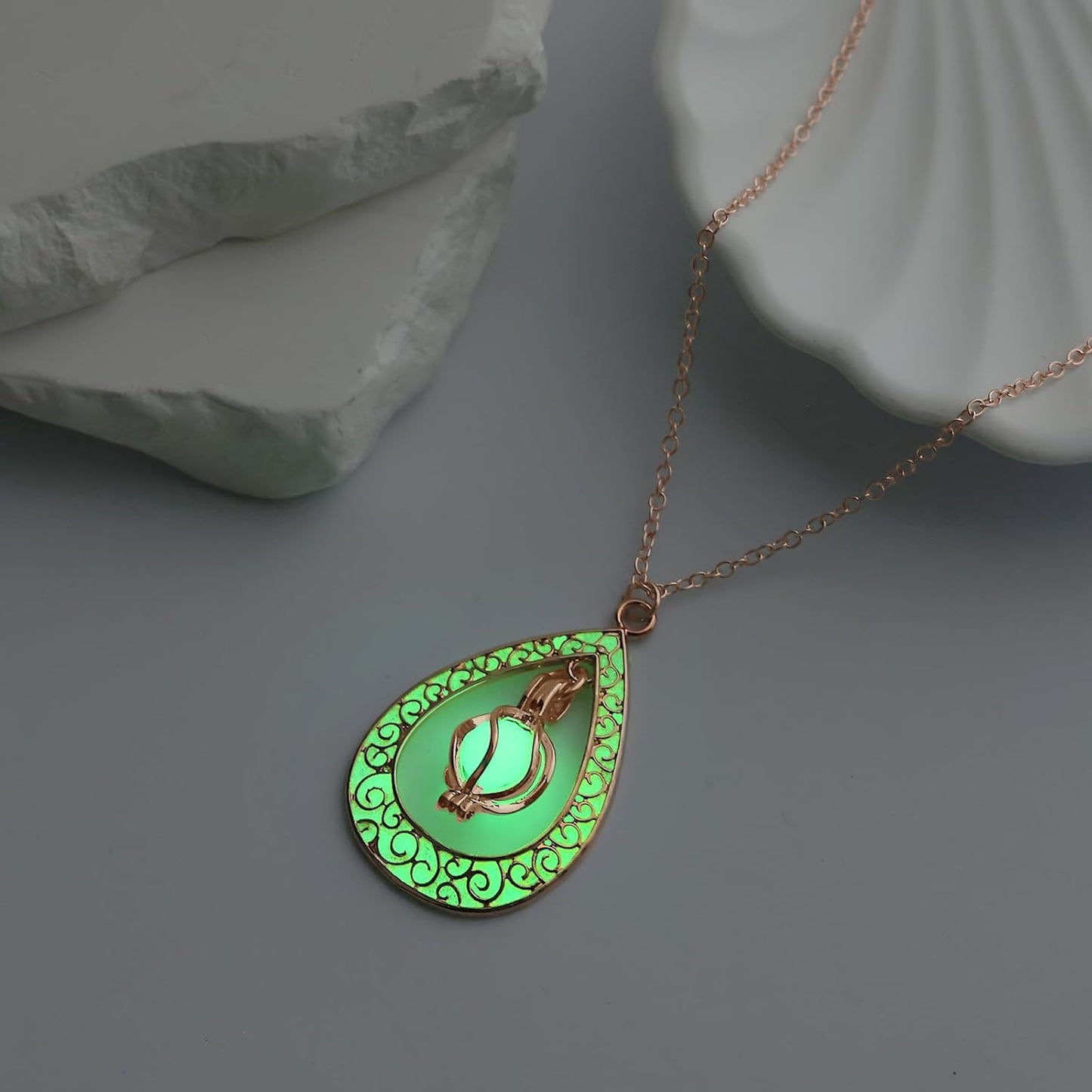 EEQQBZ Glow in The Dark Silver Teardrop shape necklace,Fantasy Glowing Jewelry Charm