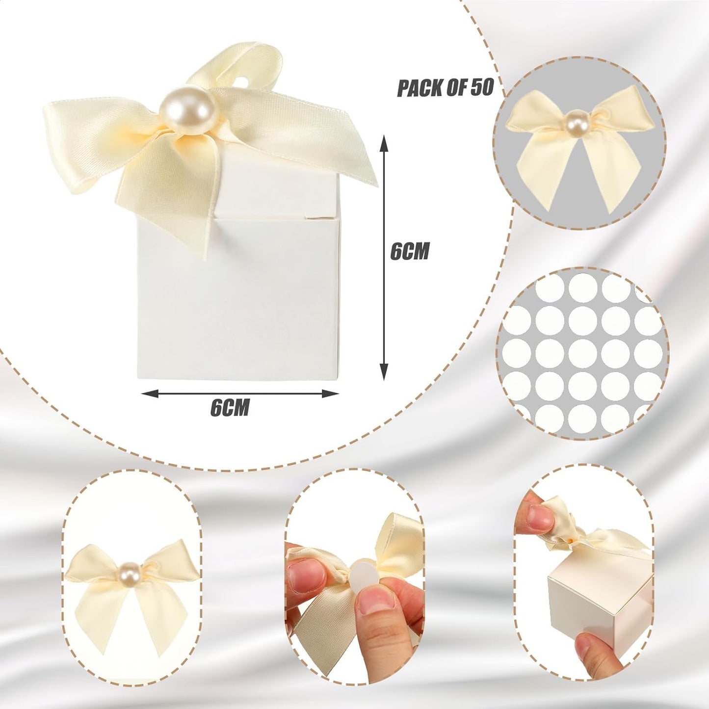 Motiskyy 50 Pcs Wedding Small Party Favor Boxes with Pearl Bow 2.36 x 2.36 x 2.36 Inch Ivory White Chocolate Treat Gift Mini Candy Boxes Wedding Souvenirs for Guests Bridal Shower Birthday Party