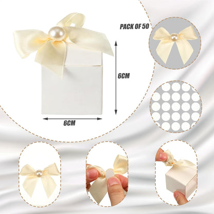 Motiskyy 50 Pcs Wedding Small Party Favor Boxes with Pearl Bow 2.36 x 2.36 x 2.36 Inch Ivory White Chocolate Treat Gift Mini Candy Boxes Wedding Souvenirs for Guests Bridal Shower Birthday Party