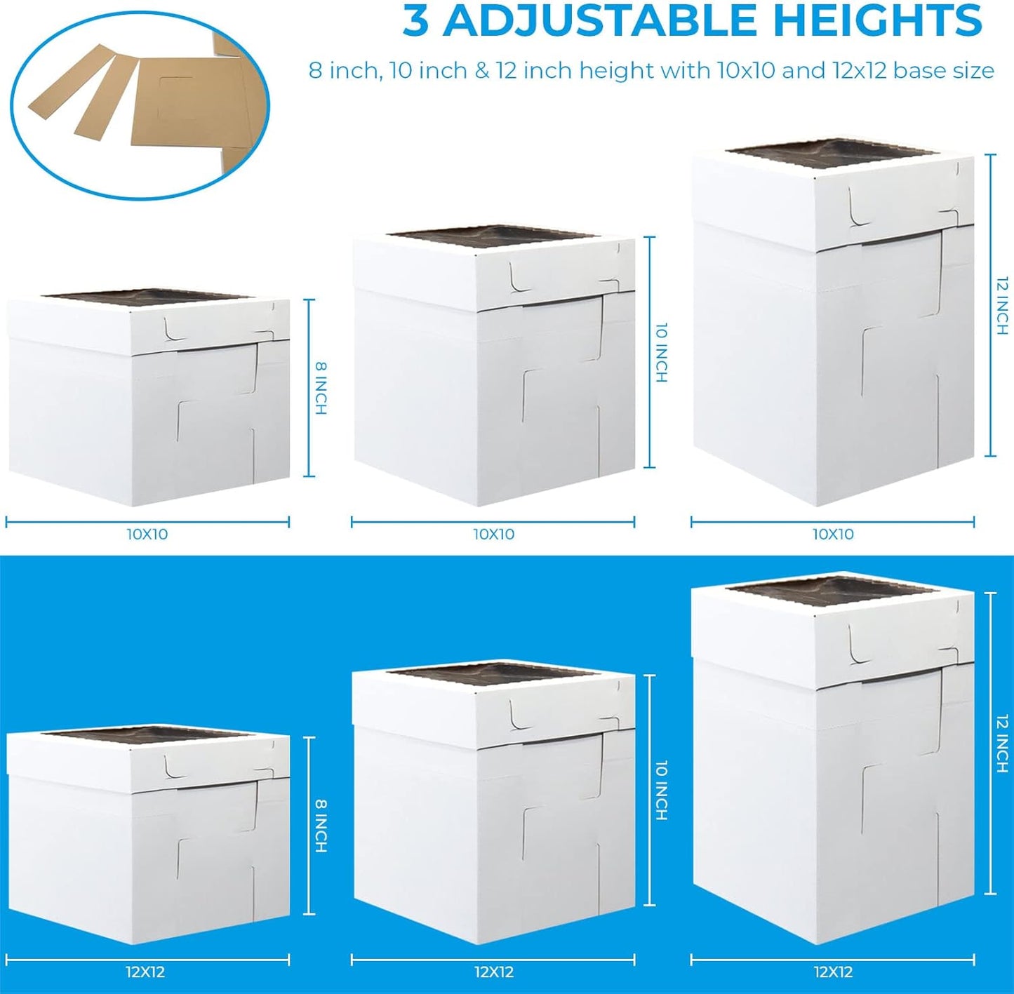 10 PK Adjustable Tall Cake Boxes in 2 Base Sizes 5-10"x10" & 5-12"x12" With 3 Adjustable Height Variations (8, 10 & 12 inch) + 15 Thank You Stickers. Tall Bakery Boxes for Tiered Cakes