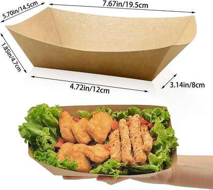 Oomcu 100 Pack 3 lb Heavy Duty Paper Food Trays - Disposable Kraft Brown Paper Boats for Party Snacks, Nachos, Hot Dogs, Tacos & BBQ