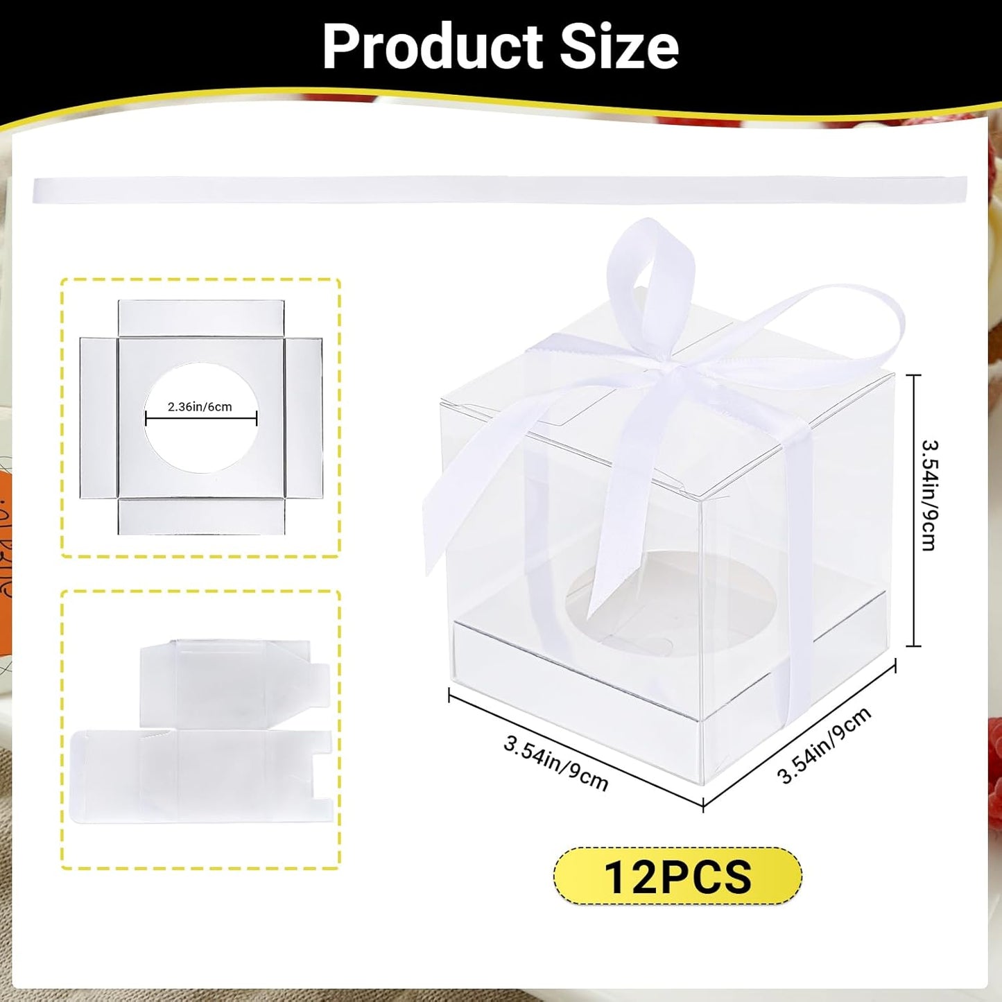 EUSOAR Individual Cupcake Holder, 50pcs 3.5 Inch Plastic Black Cupcake Containers with Lids, Single Transparent Display Clear Cupcake Carrier with Ribbon and Inserts for Wedding Party Favor