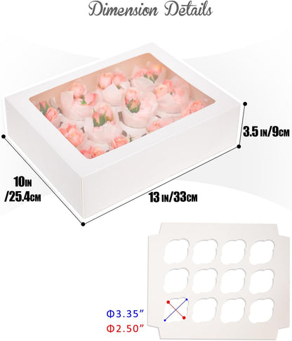 qiqee Auto-pop Up Cupcake Boxes with Window White 40PCS 12 Count Cupcake Box 13"x10"x3.5" Cupcakes Carrier, 12 Cupcake Containers with 2 rolls of pink ribbons