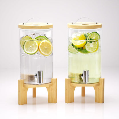 1 Gallon Glass Drink Dispenser For Parties, Beverage Dispenser With Bamboo Wood Stand And Stainless Steel Spigot, Countertop Water Dispenser, Lemonade Dispenser For Wedding, Picnic (2PACK)