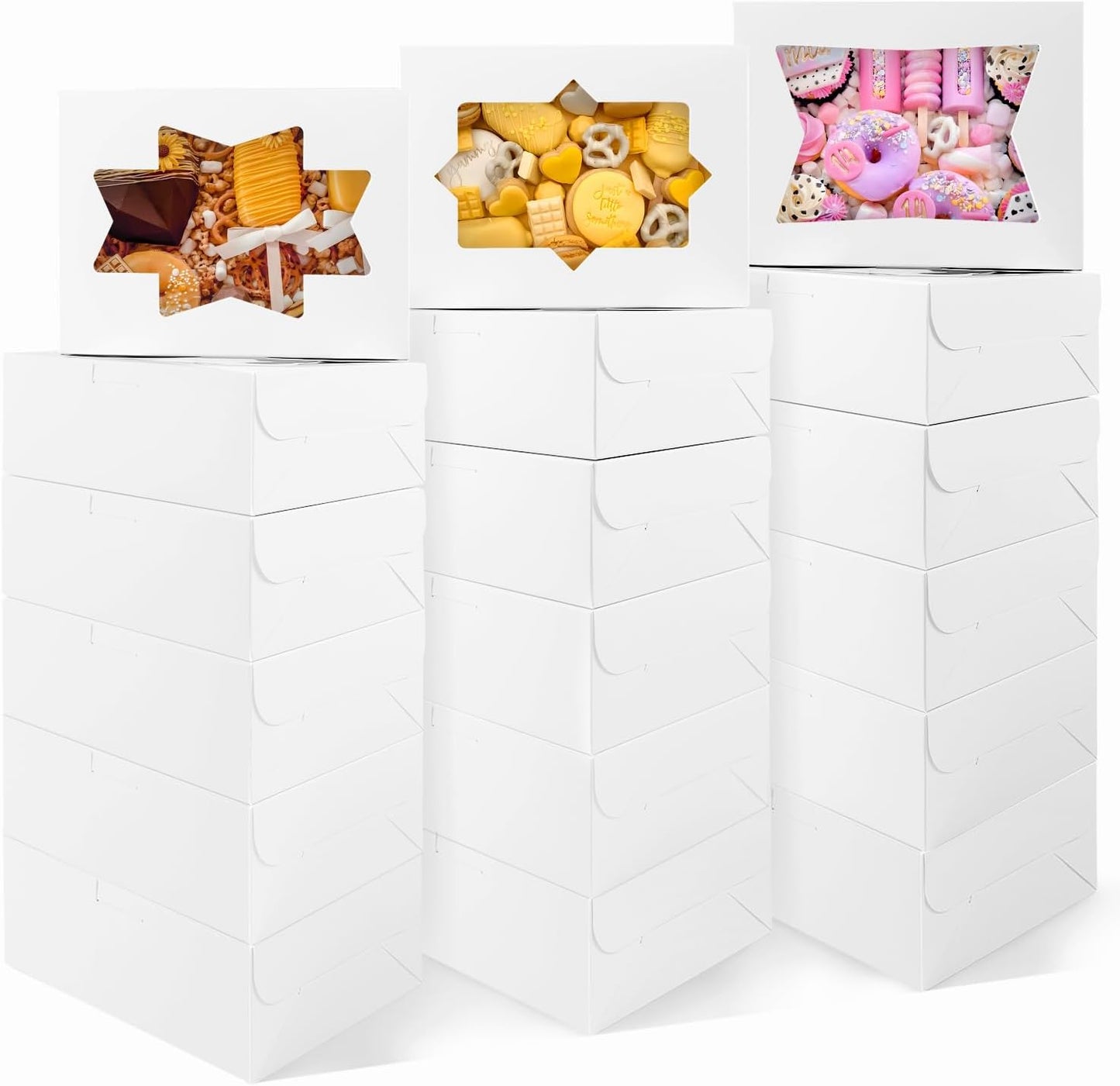 Moretoes 32pcs Cookie Boxes, 8x6x2.5 Bakery Boxes with Window 3 Styles, for Chocolate Strawberries, Dessert, Donuts, Cupcakes, Muffins
