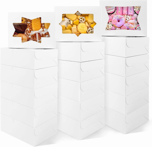 Moretoes 32pcs Cookie Boxes, 8x6x2.5 Bakery Boxes with Window 3 Styles, for Chocolate Strawberries, Dessert, Donuts, Cupcakes, Muffins