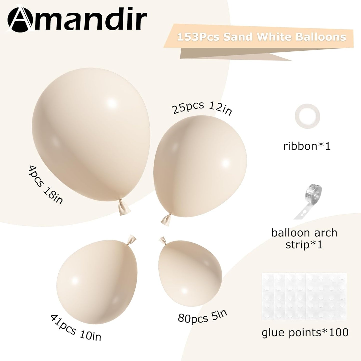 Amandir 153pcs White Sand Balloons Arch Garland Kit Different Sizes 18 12 10 5 Inch Cream Beige Sand White Latex Balloon for Birthday Boho Neutral Baby Shower Wedding Anniversary Party Decorations