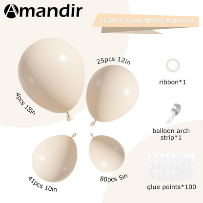 Amandir 153pcs White Sand Balloons Arch Garland Kit Different Sizes 18 12 10 5 Inch Cream Beige Sand White Latex Balloon for Birthday Boho Neutral Baby Shower Wedding Anniversary Party Decorations