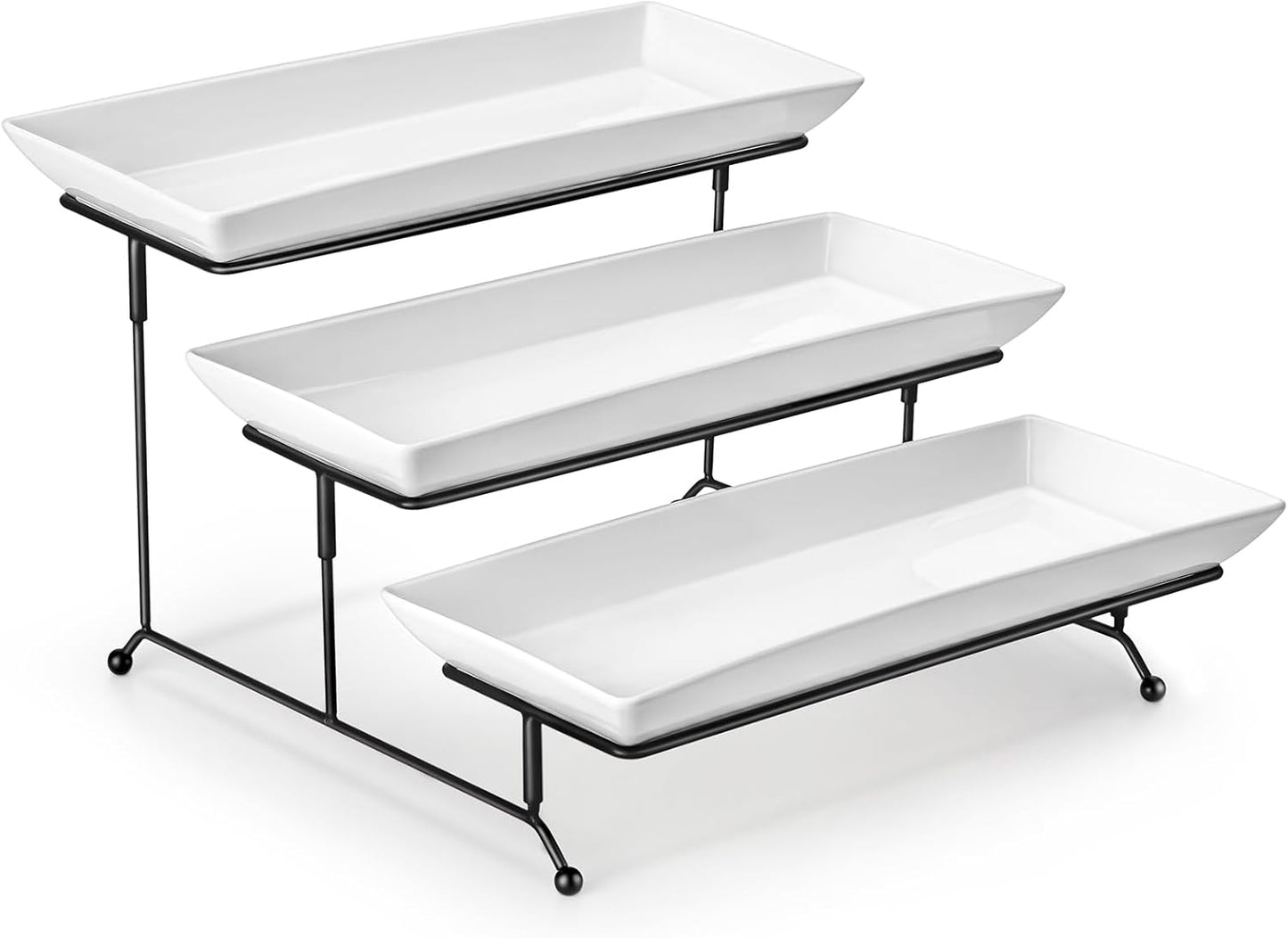 MALACASA 3 Tier Serving Trays for Party, Porcelain Serving Platters and Trays, 12 Inch Tiered Tray Stand, Fruit Tray, Trays for Serving Food, White Dessert Stand with Collapsible Sturdier Metal Rack