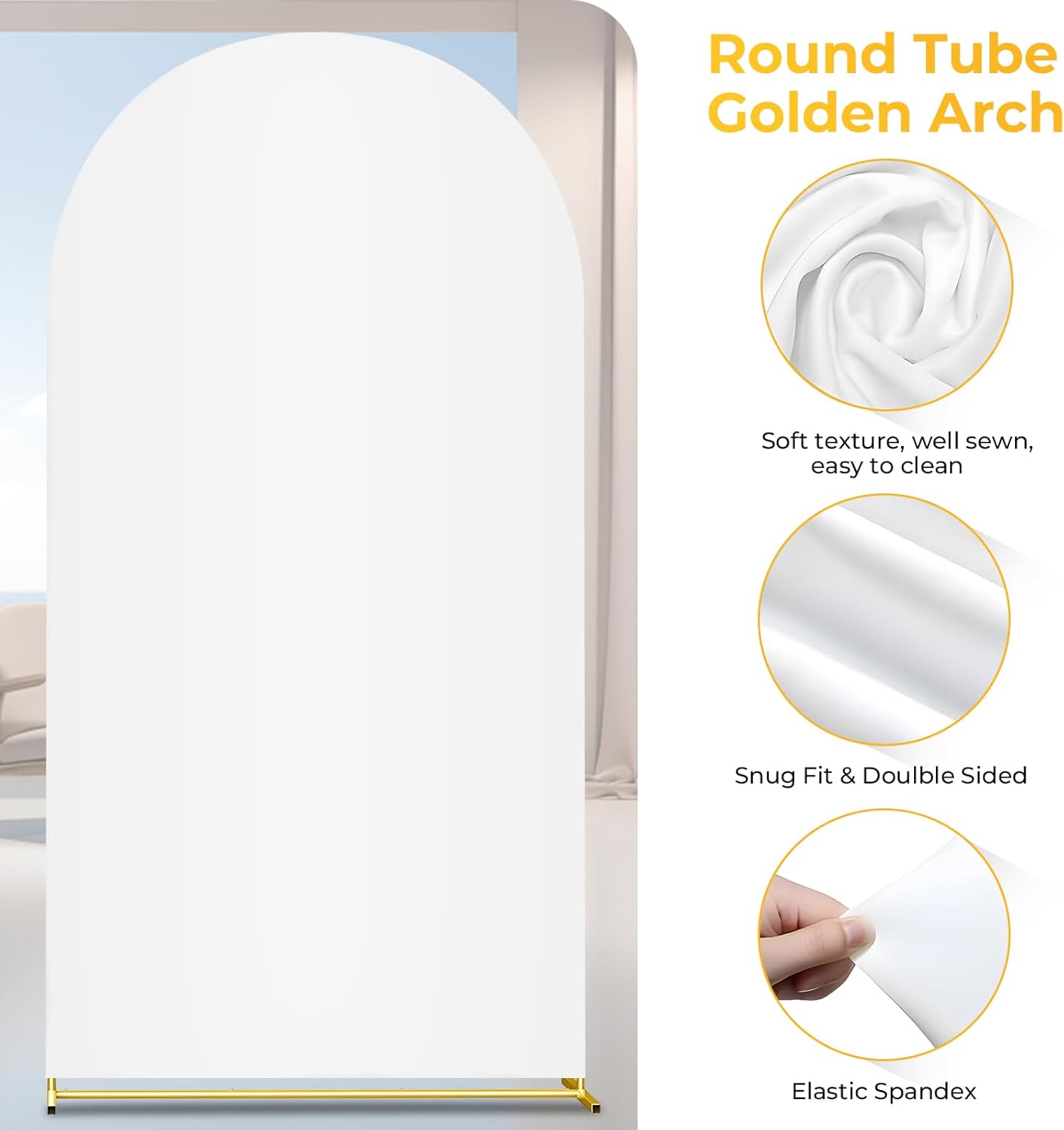 7.2FT Metal Arch Backdrop Stand and Cover Set, Gold Wedding Backdrop Arch Stand with Cover, Balloon Arch Stand with White Arch Cover for Birthday Party Baby Shower Graduation Ceremony Decorations