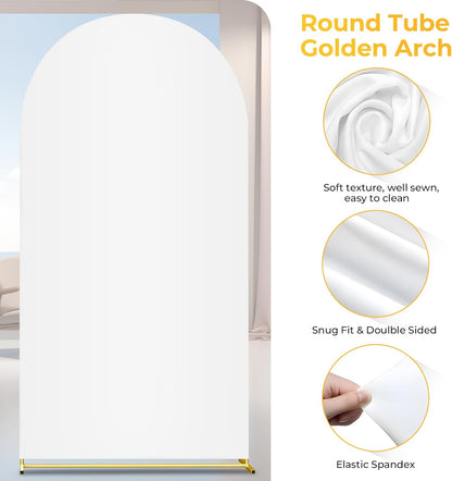 7.2FT Metal Arch Backdrop Stand and Cover Set, Gold Wedding Backdrop Arch Stand with Cover, Balloon Arch Stand with White Arch Cover for Birthday Party Baby Shower Graduation Ceremony Decorations