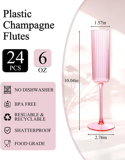 Ciaell 24 Pack Plastic Champagne Flutes - 6oz Ribbed Disposable Champagne Glasses - Clear Vintage Mimosa Glasses with Long Stem, Elegant for Weddings, Birthdays, Party