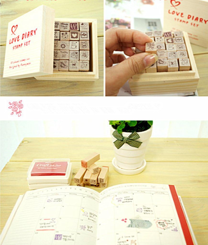 Diary Stamp Set,Wooden Rubber Signet for Children DIY Scrapbooking Card Making(25pcs,Happy Life)