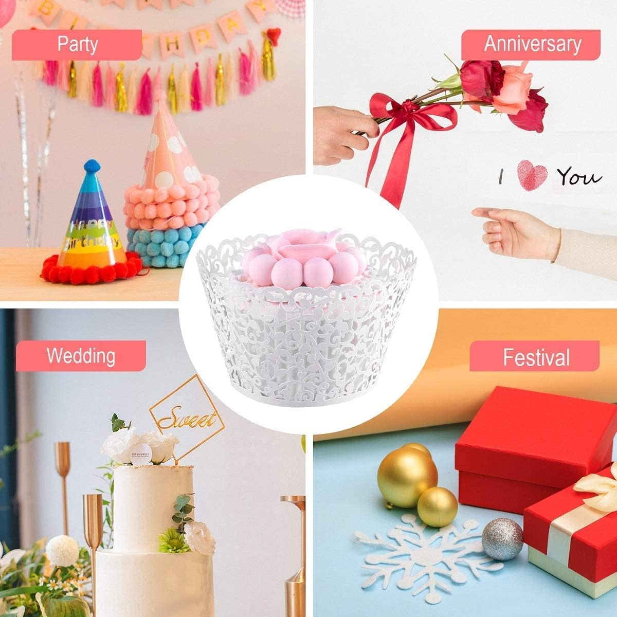 50 Pcs White Pearl Lace Laser Cut Filigree Wedding Cupcake Wrapper Baking Cake Cups Wraps Cupcake Muffin Case Trays for Special Occasions