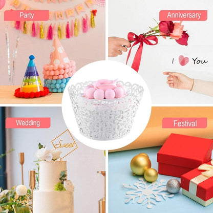 50 Pcs White Pearl Lace Laser Cut Filigree Wedding Cupcake Wrapper Baking Cake Cups Wraps Cupcake Muffin Case Trays for Special Occasions