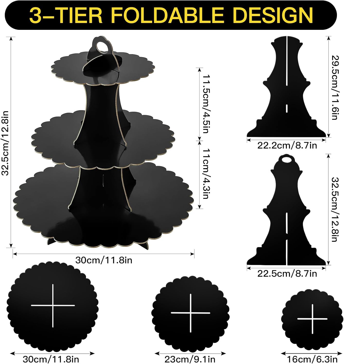 Soleebee 3-Tier Cupcake Stand, Cardboard Cupcake Tower, Dessert Cup Cake Stand Tower for Birthday Wedding Party Decoration, Cupcake Tier Stand 1 Set (Black)