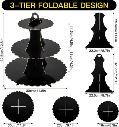Soleebee 3-Tier Cupcake Stand, Cardboard Cupcake Tower, Dessert Cup Cake Stand Tower for Birthday Wedding Party Decoration, Cupcake Tier Stand 1 Set (Black)