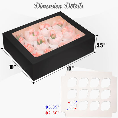 Bakepacker Auto-pop Up Cupcake Boxes with Window White 20PCS 12 Count Cupcake Box 13"x10"x3.5" Cupcakes Carrier, 12 Cupcake Containers with rolls of pink ribbons
