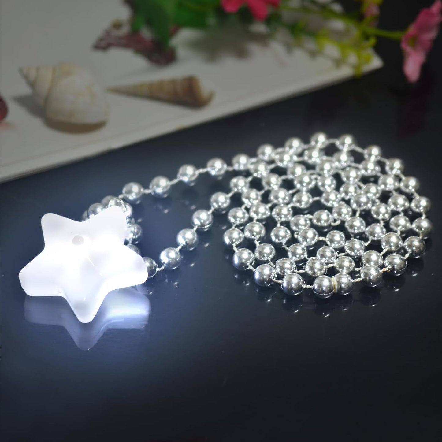 6 Pack Clear LED Glow Star Necklace Bulk Beaded Necklaces for Halloween Christmas Decorations Mardi Gras Party Favors
