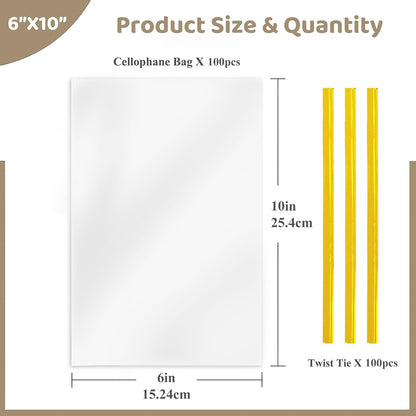 WIKDAY Cellophane Bags 100 PCS 6x10 Inches Clear Gift Gags with Ties Plastic Treat Party Favor Candy Bags for Gift Giving, Packaging Snack, Products