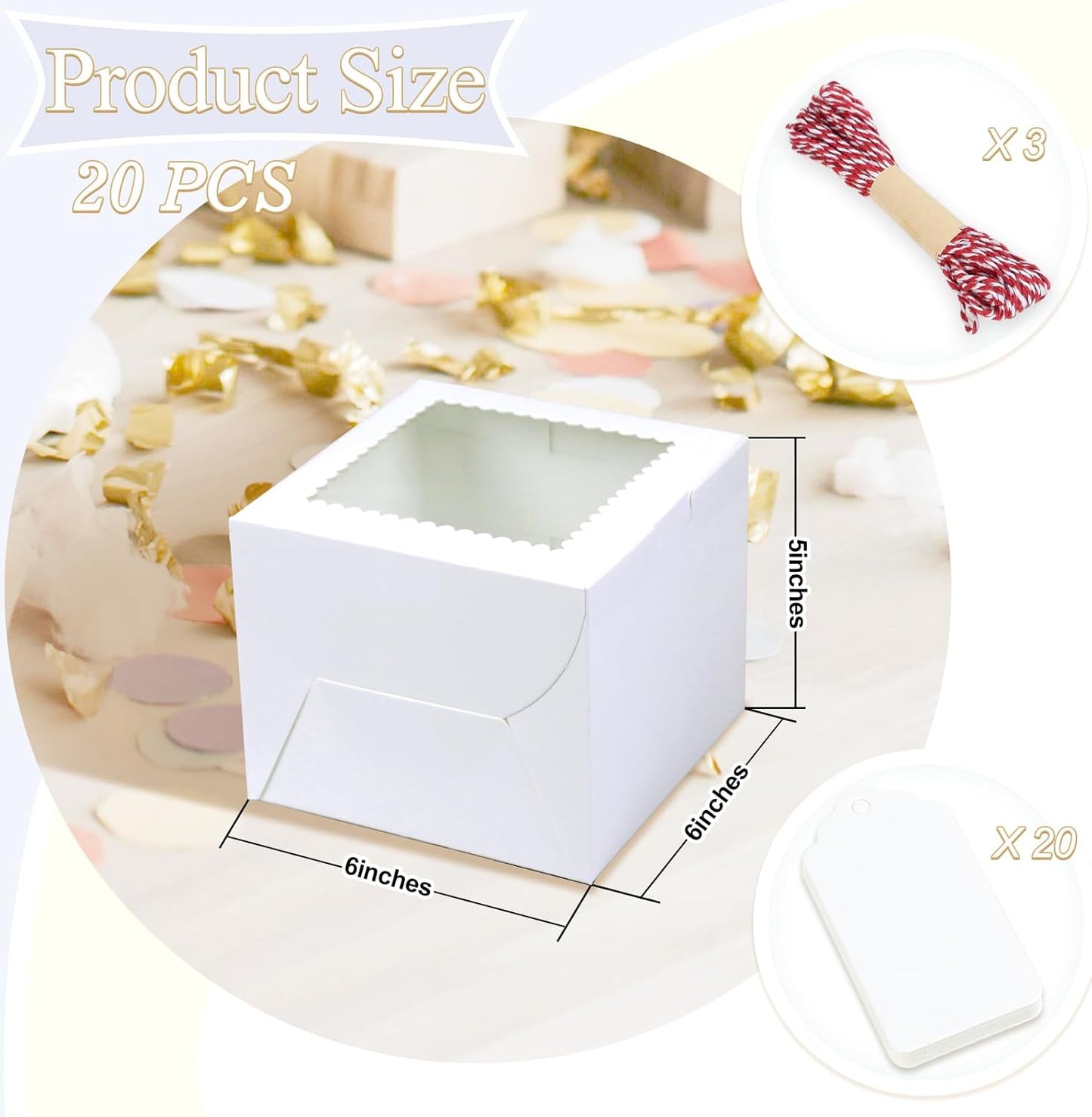 20Pcs 8 Inch Cake Boxes with Window, 8x8x5 Inches Brown Bakery Boxes, Cake Carrier Container for Pastries, Pie, Cookies, Chocolates, Cupcakes, Birthday Party, Wedding